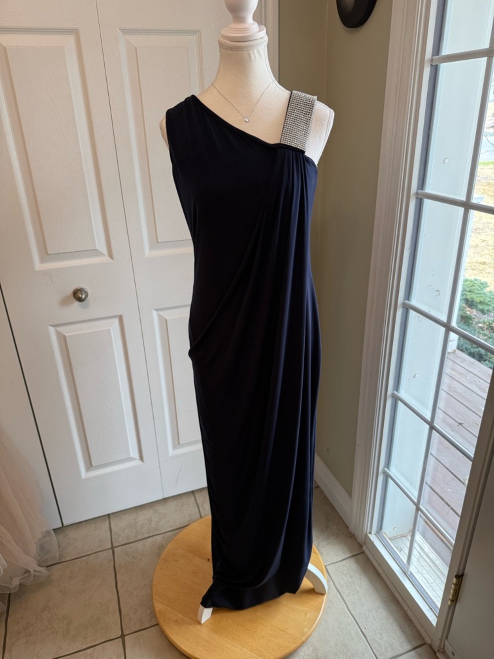 Karina Navy One-Shoulder Evening Gown with Crystal Strap - Picture 2 of 12